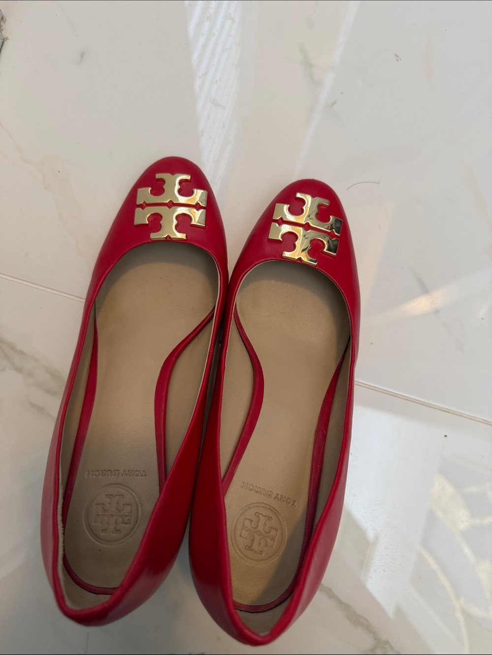 Tory Burch Red Leather Logo Ballet Flats with Gold Emblem